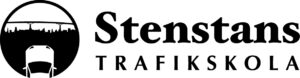 Logotyp för Stenstans Trafikskola med en stadssiluett, en bro och en bilsiluett i en cirkulär ram.