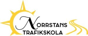 Logotyp för Norrstans Trafikskola med en gul sol och en gul väg som böjer sig åt höger.