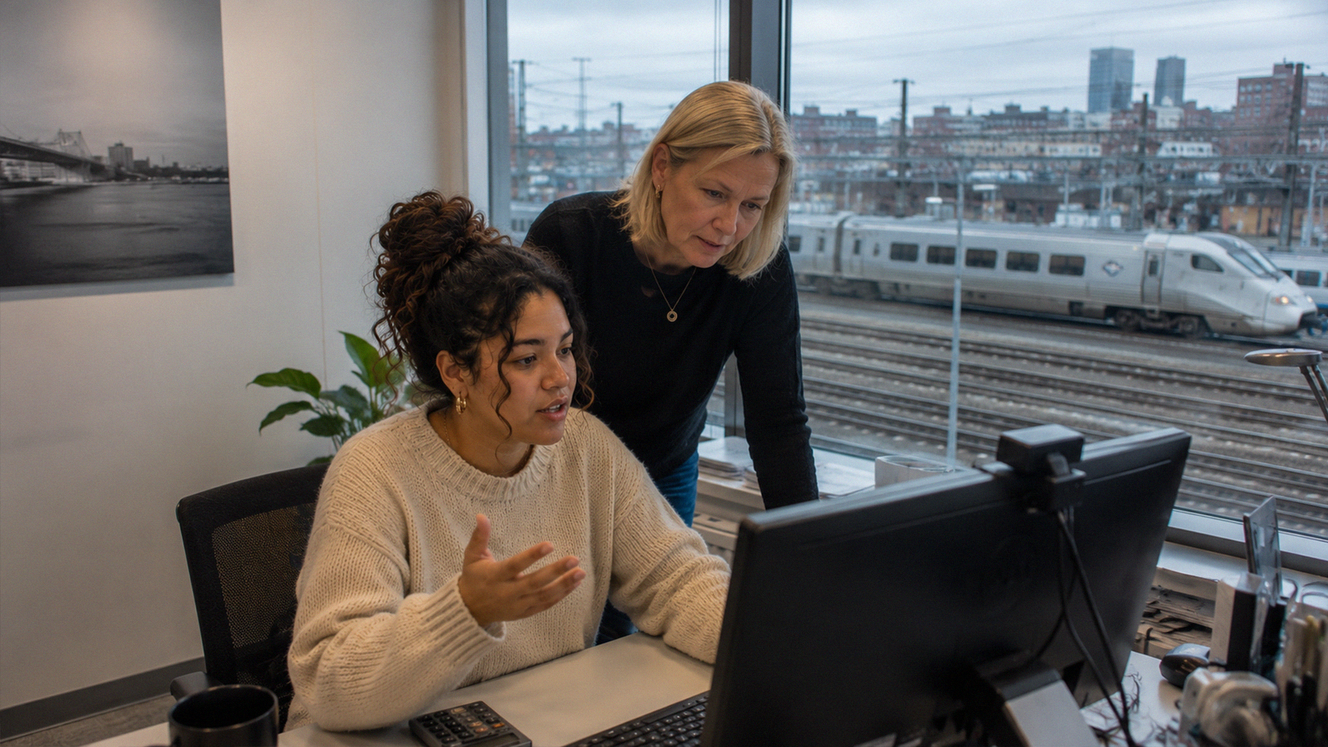 Två kvinnor, varav en elingenjör, arbetar vid en dator på ett kontor med utsikt över tågspår och ett passerande tåg.