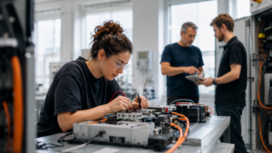 En kvinna arbetar med elektronik vid ett labbbord medan två män diskuterar elektrifierade energisystem i bakgrunden.