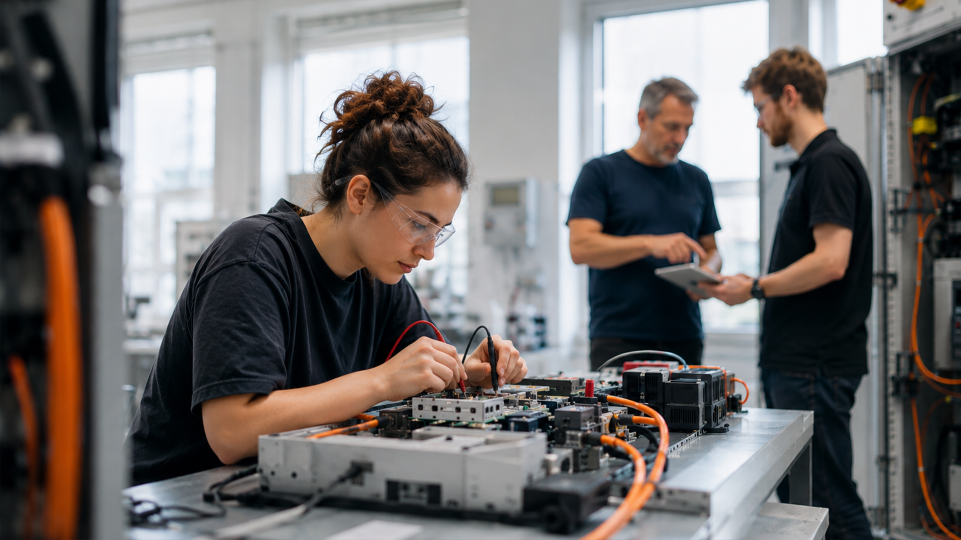 En kvinna arbetar med elektronik vid ett labbbord medan två män diskuterar elektrifierade energisystem i bakgrunden.