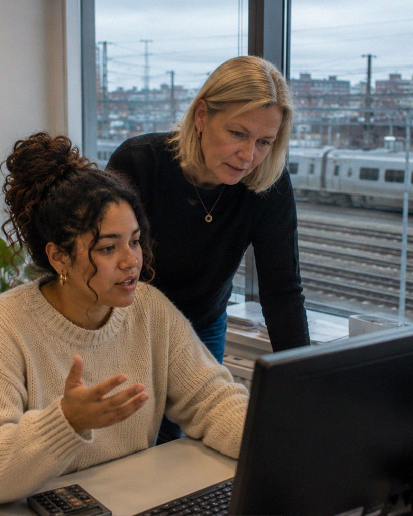 Två kvinnor, varav den ena är en elingenjör, tittar på en datorskärm i ett kontor med tågspår synliga utanför fönstret.