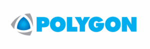 Polygonlogotyp med blå triangulär form omgiven av grå kurvor, bredvid ordet 