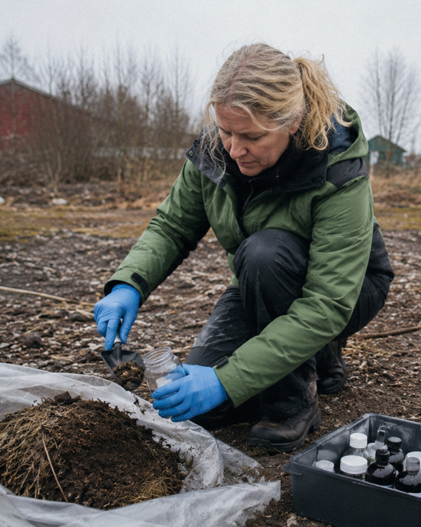 En miljöutredare i en grön jacka samlar in jord i en burk, iklädd blå handskar, utomhus en molnig dag.