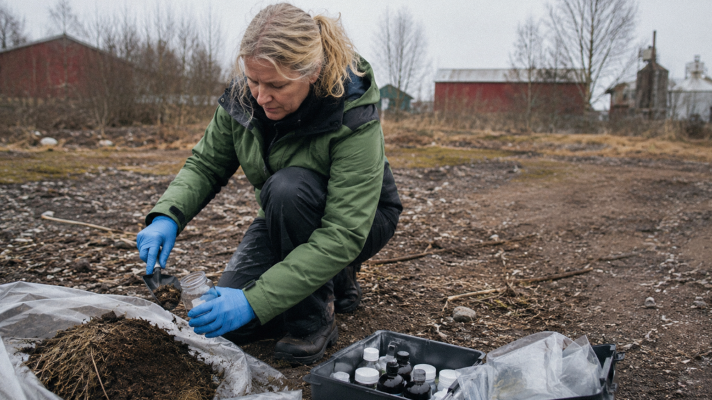 En miljöutredare med handskar på samlar in jordprover utomhus och lägger jorden i en liten burk bredvid en låda med provrör.