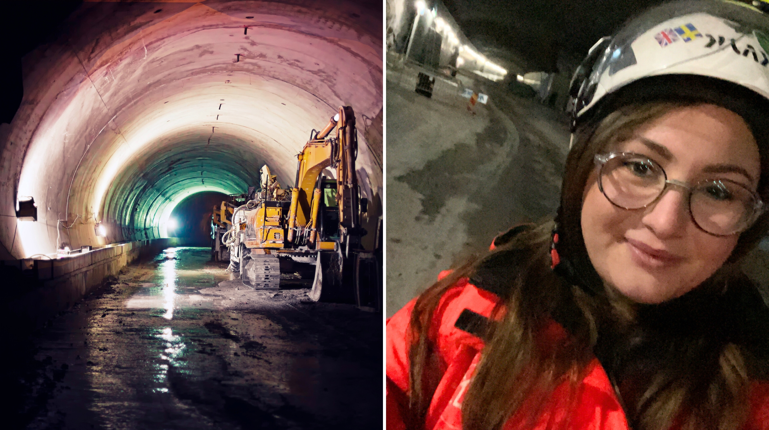 Delad bild: Vänster, byggfordon i en upplyst tunnel; Höger, en person i röd jacka och hjälm inne i en tunnel.