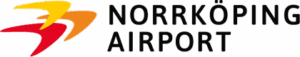 Norrköpings flygplats logotyp med gula och röda stiliserade pilar och svart text.