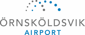 Örnsköldsvik flygplats logotyp med stiliserade prickar ovanför namnet och text i grått och blått.