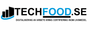 Techfood.se-logotypen med svarta staplar och svensk text om digital livsmedelscertifiering.