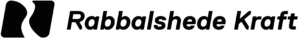 Rabalshede Kraft logotyp med fet svart text och en abstrakt svart symbol på en ljus bakgrund.