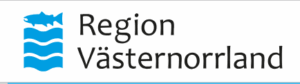 Region Västernorrlands logotyp med blå vågor och en fiskikon till vänster om texten.