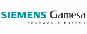 Siemens Gamesa Renewable Energy-logotyp med företagsnamn i turkos och svart text.