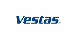 Vestas-logotypen i fetstil med blå bokstäver på vit bakgrund.
