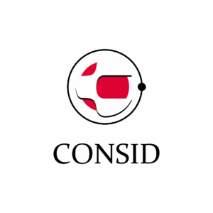 En röd och svart abstrakt cirkelformad logotyp ovanför ordet 