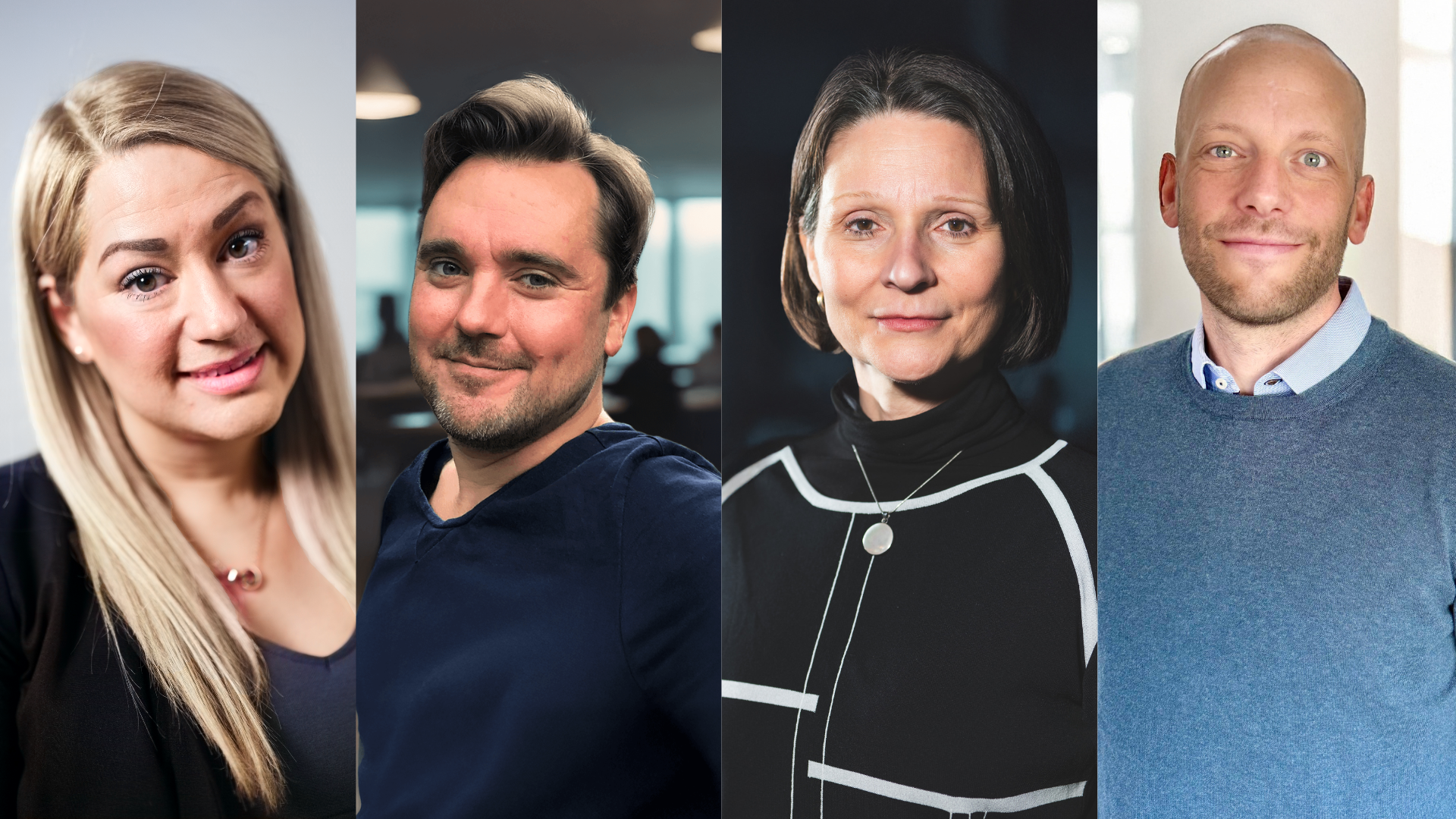 Fyra vuxna, två män och två kvinnor, poserar var för sig i ett collage med neutrala bakgrunder och reflekterar över fördelar med att ta emot studerande på LIA.