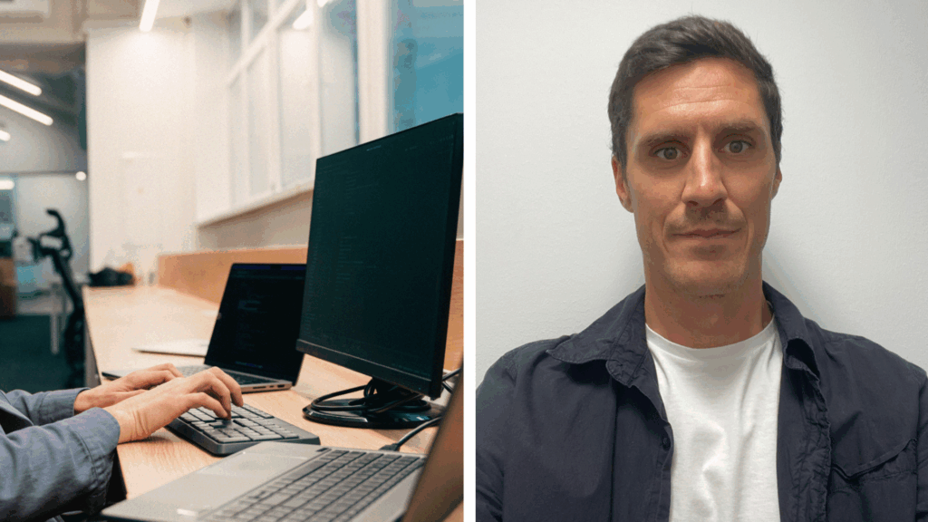 En person som skriver på en dator, en elingenjör i arbete, och en porträttbild i vit skjorta.