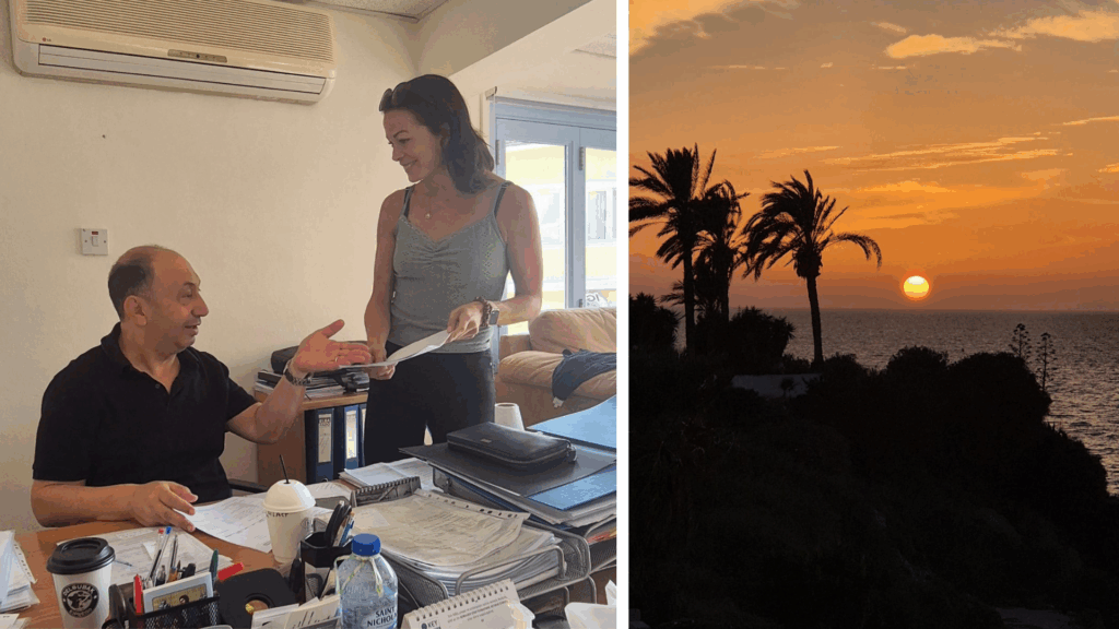 Vänster: Två personer, varav en betongingenjör, samtalar på ett kontor. Till höger: Solnedgång över havet med palmer i siluett.