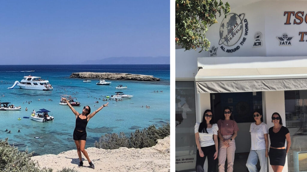 Vänster: Kvinna poserar vid turkost hav med båtar. Till höger: Fyra kvinnor, varav en Turist-och resekonsult ler framför en resebyrå.