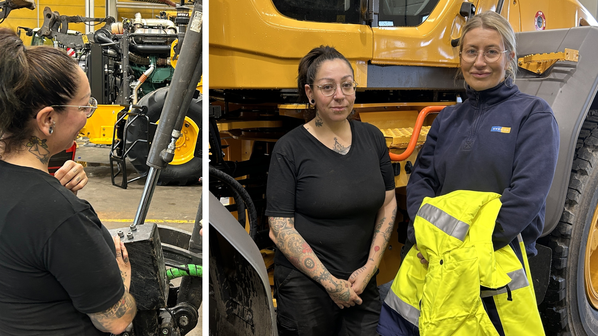 Två arbetsklädda kvinnor, står vid tunga maskiner i en verkstad; den ena håller i en gul skyddsväst.