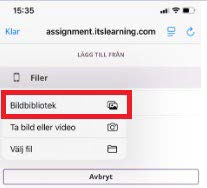 Val av Bibliotek i mobil för att välja inspelning från Biblioteket eller kameralrullen
