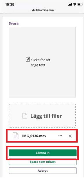 Inlämningsvy i itslearning i mobil där vald inspelning visas och knappen Lämna in är markerad