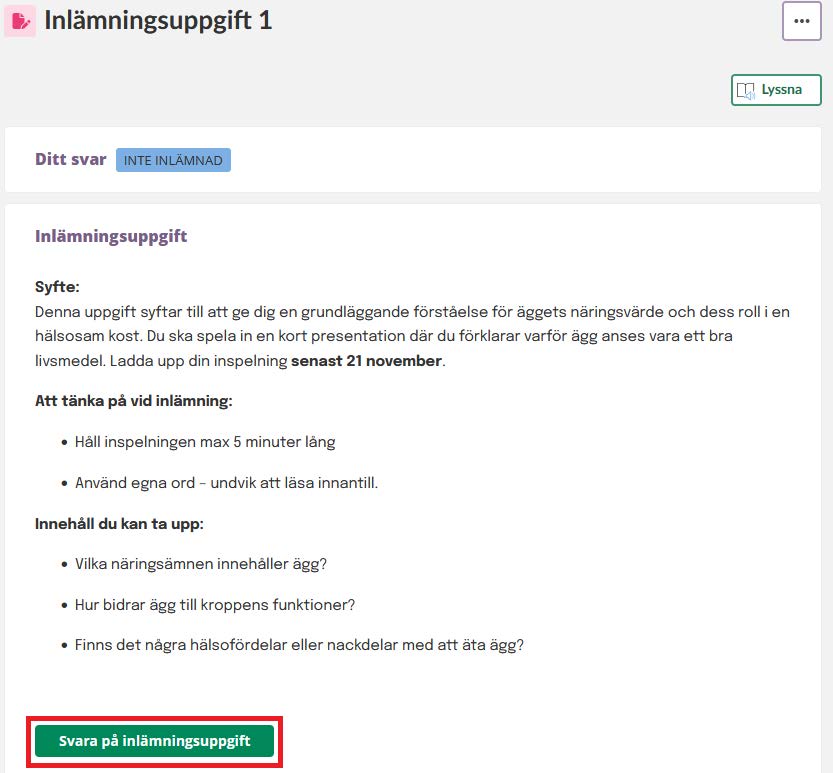 Inlämningsuppgift i itslearning på dator med knappen Svara på inlämningsuppgift markerad