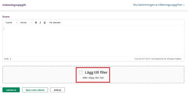 Inlämningsvy i itslearning på dator med knappen Lägg till filer markerad