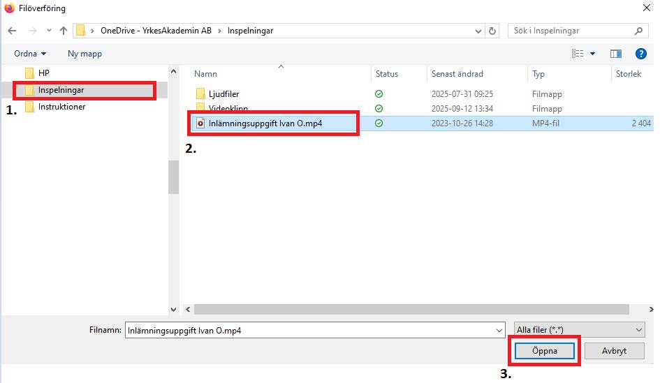 Filutforskare i Windows där inspelning markeras och knappen Öppna används