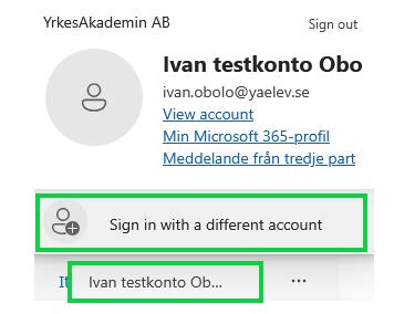 Microsoft-kontomeny där alternativet 'Sign in with a different account' är markerat för att byta inloggningskonto