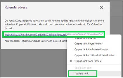 itslearning-dialog där kalenderadressen visas och alternativet Kopiera länk är markerat för att kopiera iCal-adressen