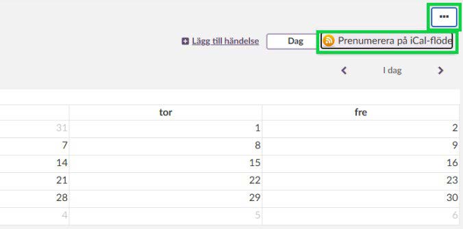 itslearning-kalender med menyvalet Prenumerera på iCal-flöde markerat