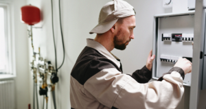 En man i keps justerar strömbrytare i en elcentral i en tvättstuga.