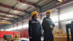 Två arbetare i skyddshjälm och uniform går inne i en stor industrihall.
