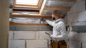 En man med verktygsbälte arbetar på ett tak.