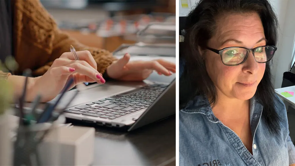 Delad bild: vänster visar händer som skriver på en laptop; höger visar en kvinna med glasögon -Johanna läste kursen Arbetsrätt för ledare och chefer på distans.