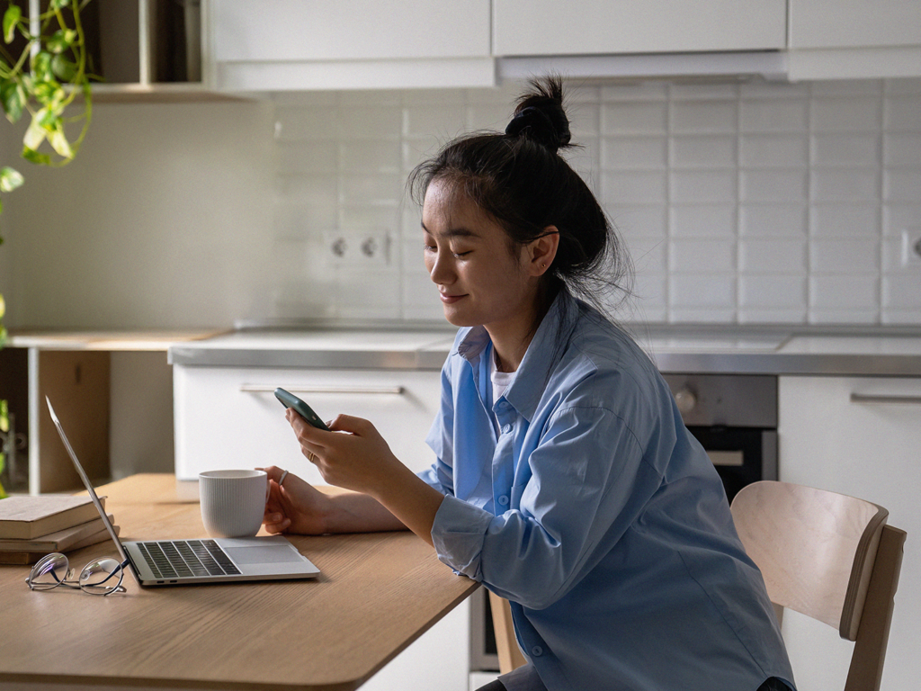 Kvinna sitter vid ett bord och använder sin telefon, med en bärbar dator och en kaffemugg i ett modernt kök.