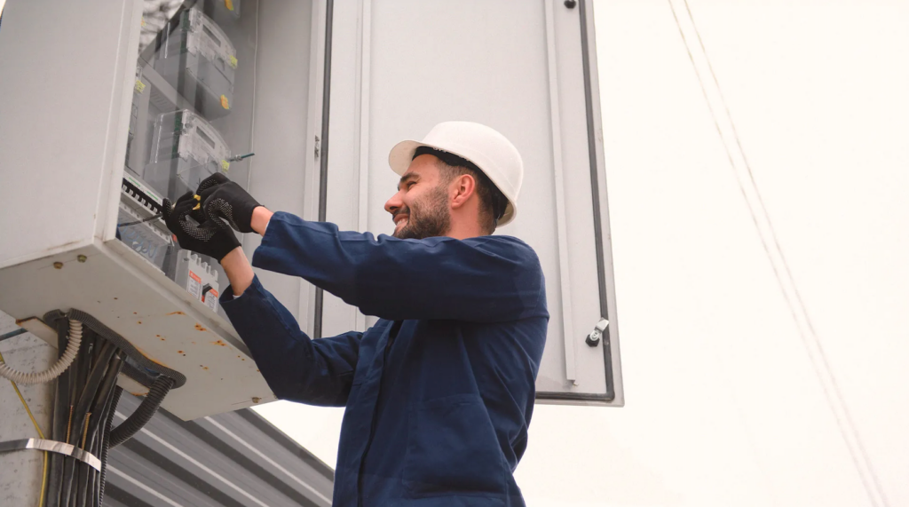 Elektriker i blå uniform och skyddshjälm arbetar på en öppen elcentral utomhus, som YH-Akademin beviljas nya utbildningar inom YH-flex.