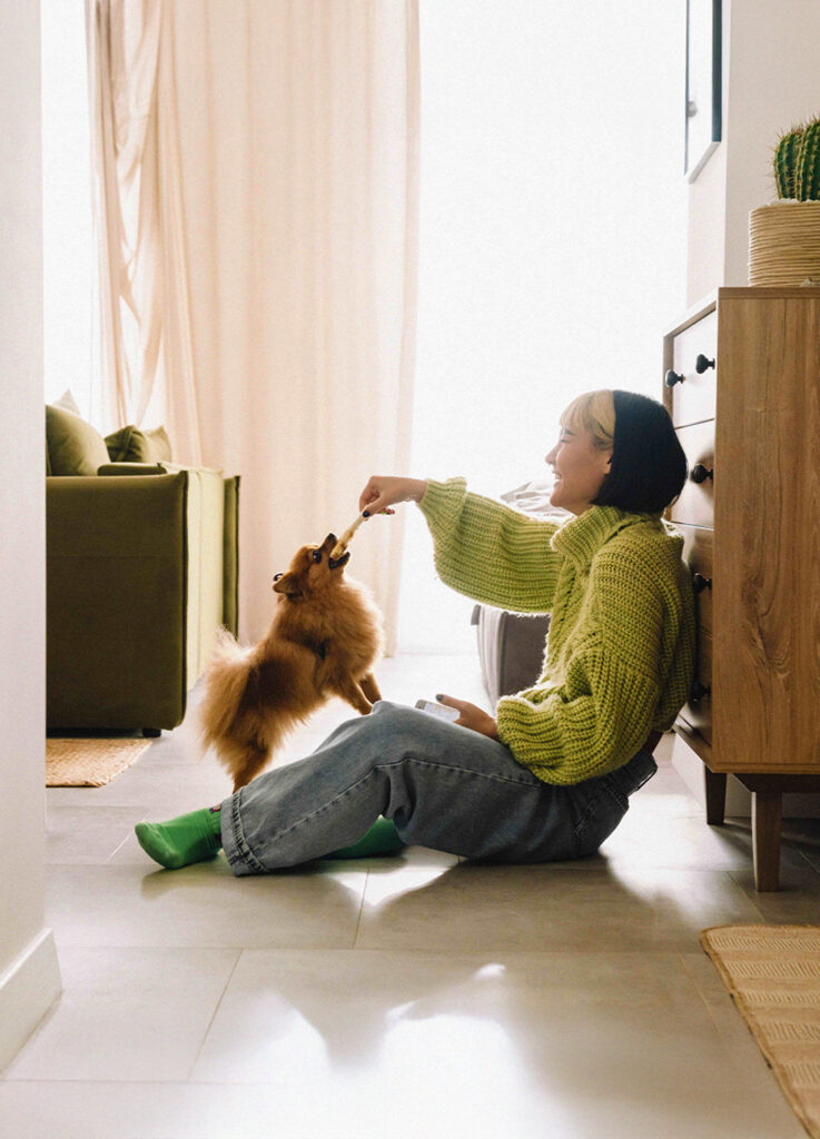 Kvinna sitter på golvet och leker dragkamp med en liten brun hund i ett solbelyst vardagsrum och njuter av en lekfull stund efter sina studier på YH Akademin.