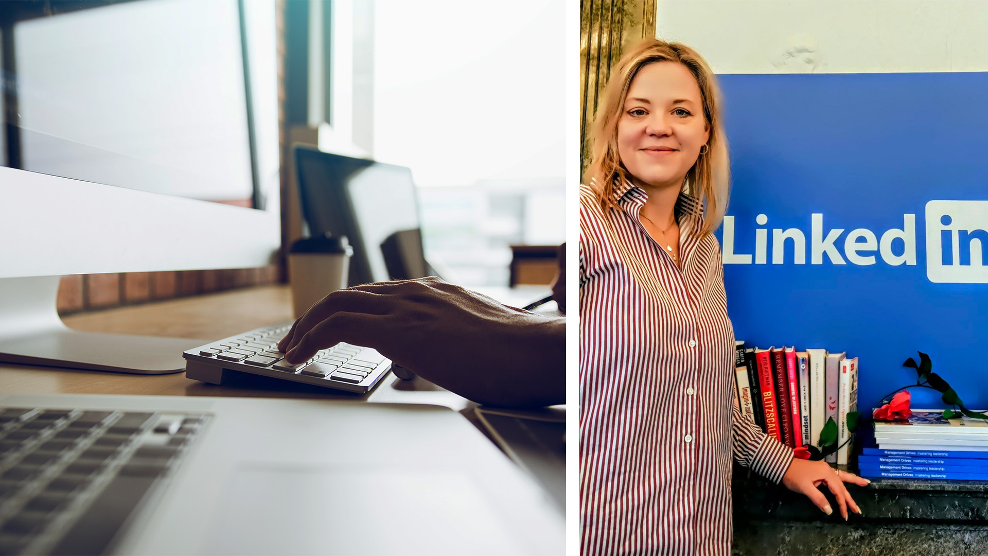 En person som skriver på ett tangentbord och en kvinna som står vid en LinkedIn-skylt med böcker, vilket understryker ledningsgruppens engagemang för utbildningen Customer Success Manager.