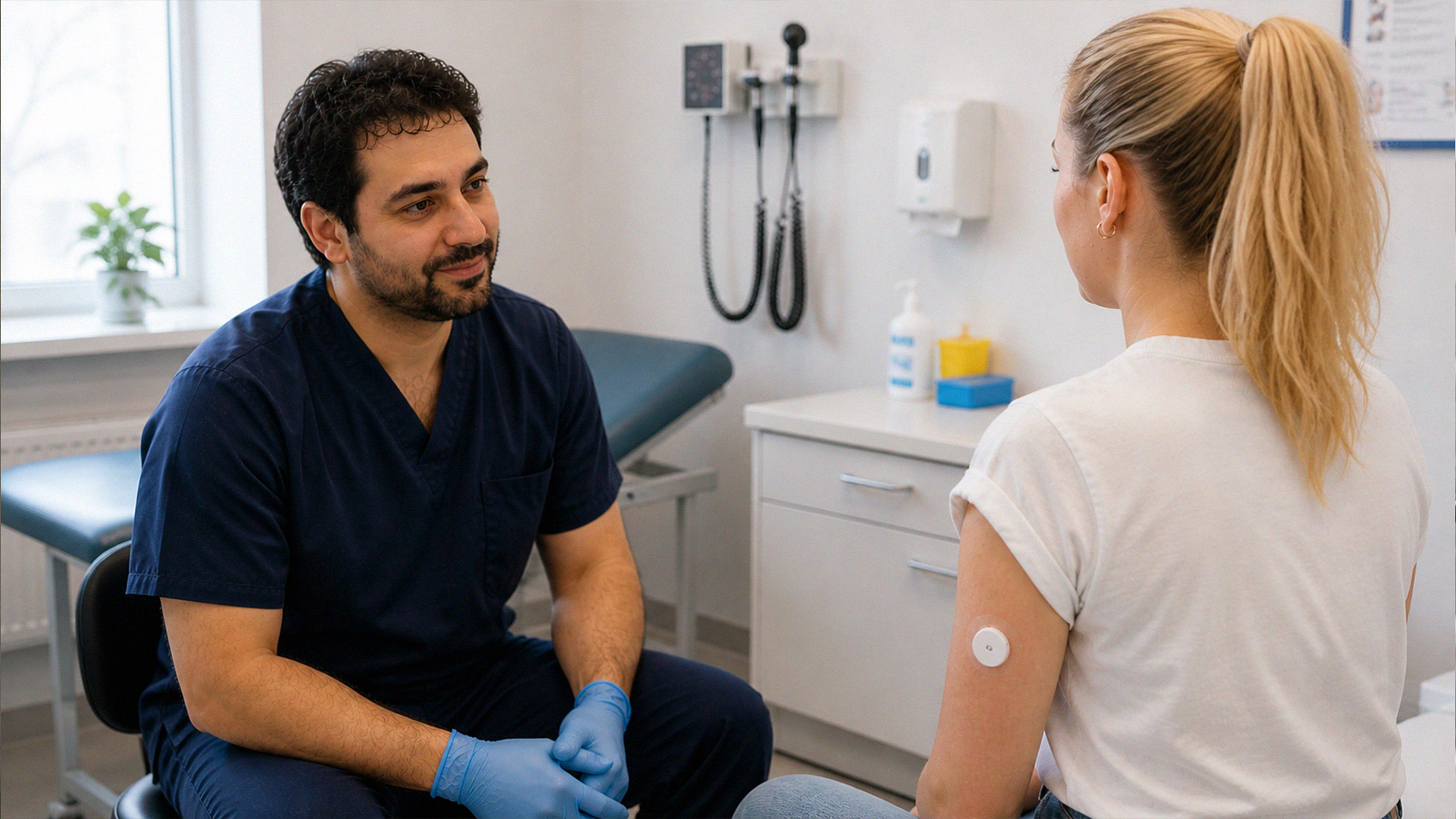 En läkare diskuterar omvårdnad vid diabetes med en patient som har en glukosmätare på armen i ett medicinskt undersökningsrum.