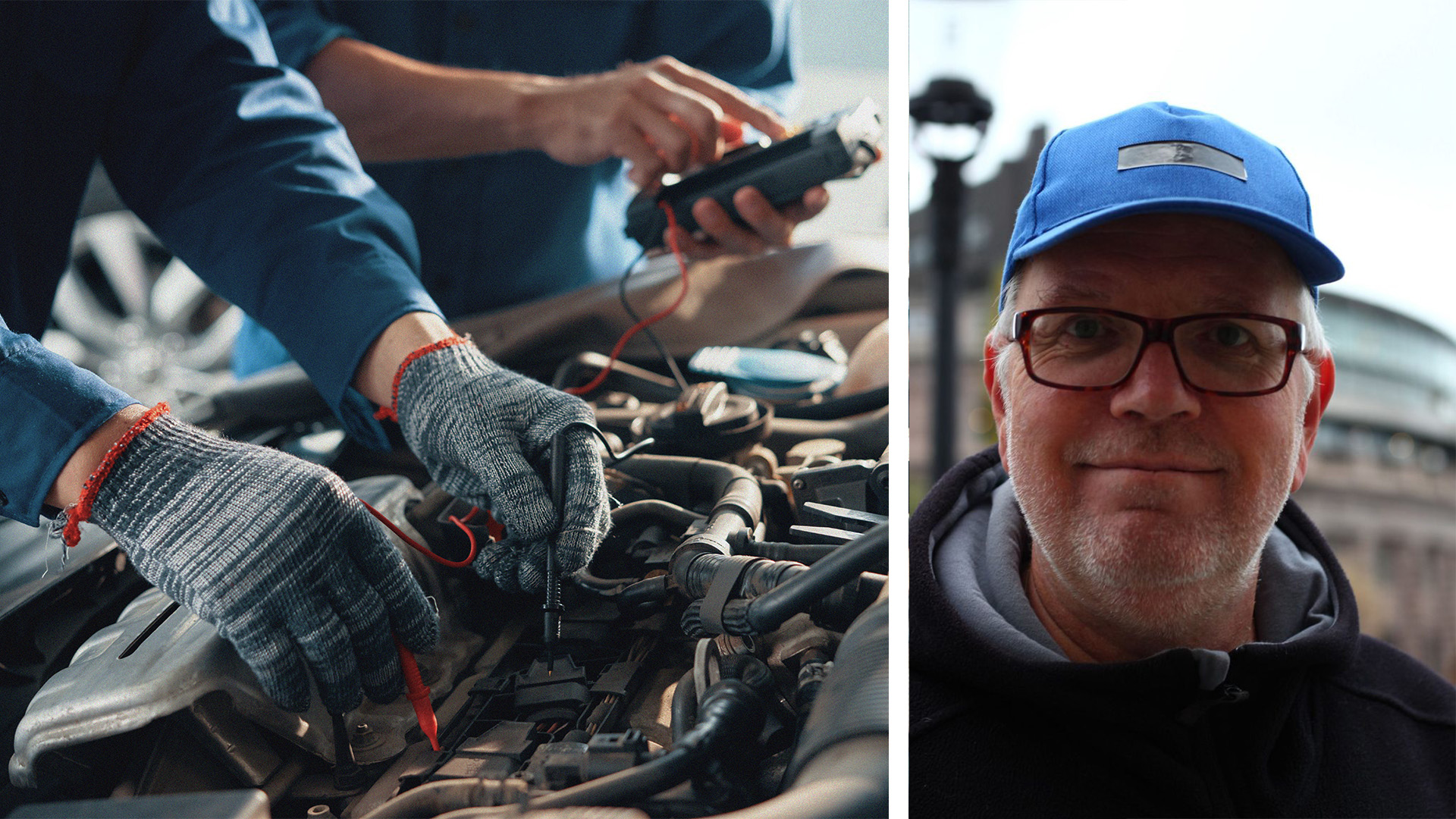 Delad bild: till vänster syns händer som håller i en multimeter, till höger en man i glasögon och blå keps som ler utomhus. Kursen i avancerad fordonsel gav Paul förnyad kunskap och inspiration till sitt arbete.