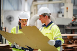 Två arbetare i skyddsutrustning undersöker ett stort pappark inne i en fabrik, highlighting effektiv och säker vattenhantering i fastigheter.