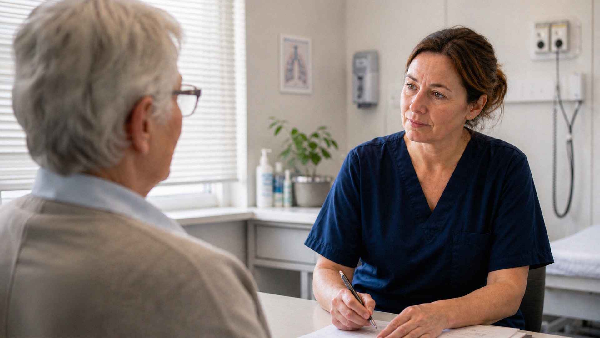 En vårdpersonal i blå operationskläder diskuterar Omvårdnad vid KOL med en äldre patient på en läkarmottagning.