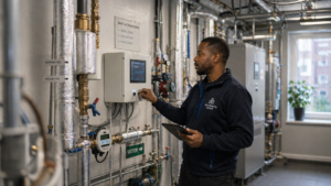 En tekniker justerar en kontrollpanel i ett rum med rör och industriutrustning, säkerställande av effektiv och säker vattenhantering i fastigheter.