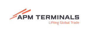APM Terminals logotyp med orangefärgade ränder och taglinen 