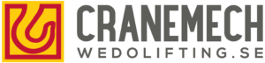 Cranemech-logotyp med abstrakt röd och gul design och texten 