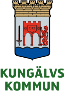 Vapensköld med slott, lejon, svärd och vatten, ovanför grön text 