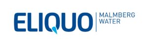 ELIQUO MALMBERG WATER logotyp i blå text med en vattendroppe i bokstaven Q.