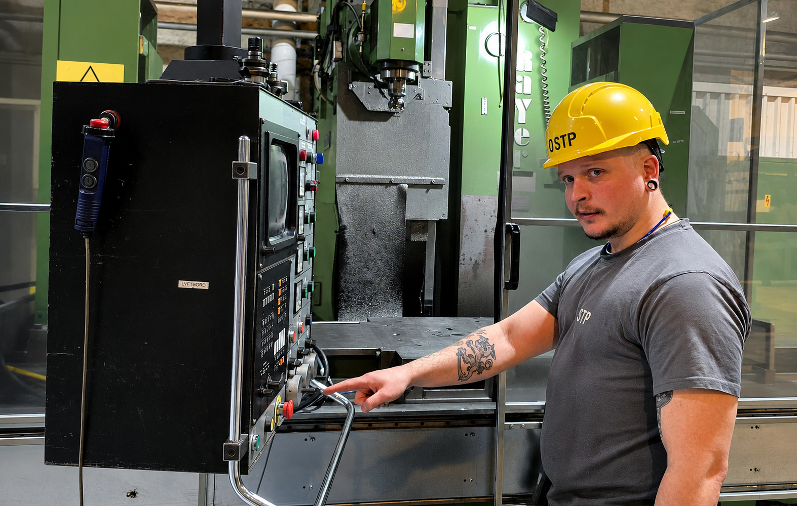 Man i gul skyddshjälm som arbetar med industrimaskiner och pekar på en kontrollpanel i en fabrik, ett exempel på de färdigheter som lärs ut på YH Akademin - Nationella Yrkesutbildning för blivande underhållsmekaniker.