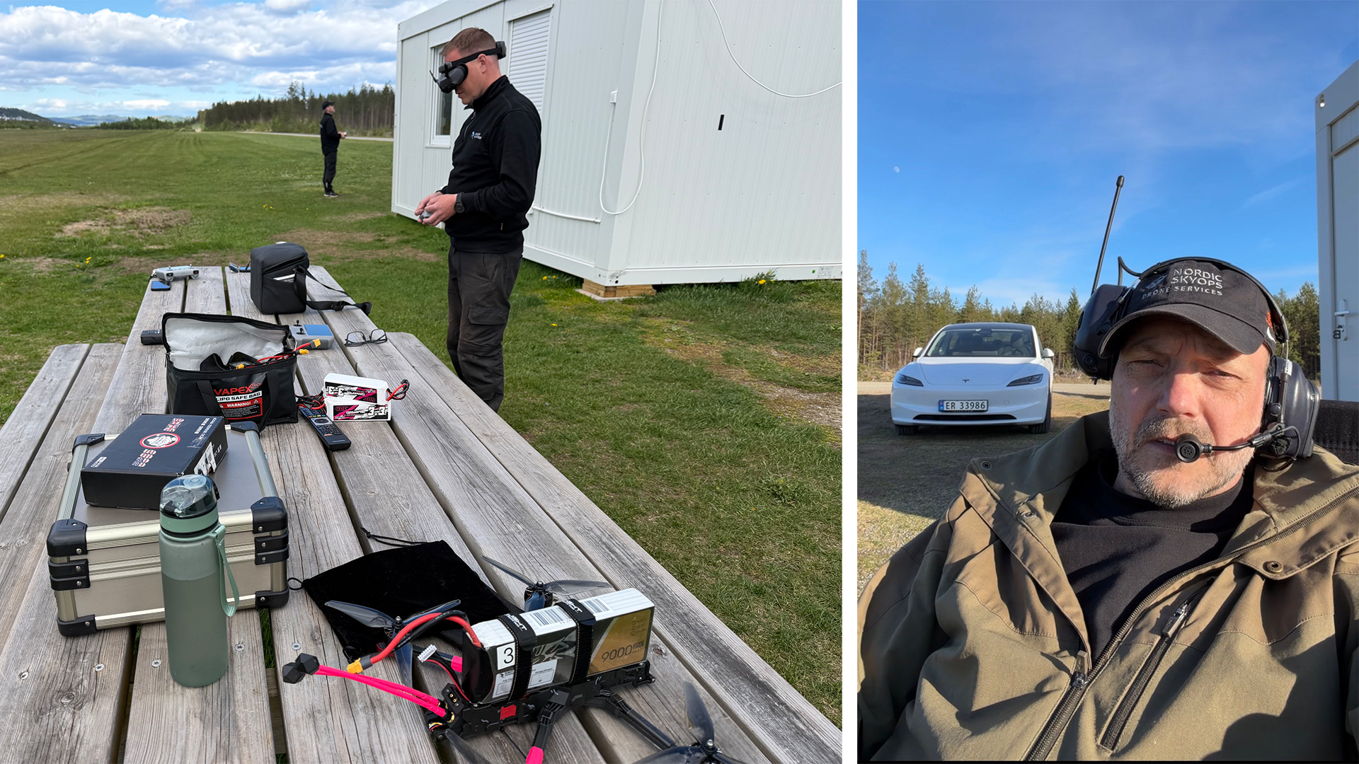 Två män med radioheadset sköter drönarutrustningen utomhus nära en vit stuga och en parkerad bil, som en del av projektet LIA i Norge genom Erasmus+ YH Akademin.